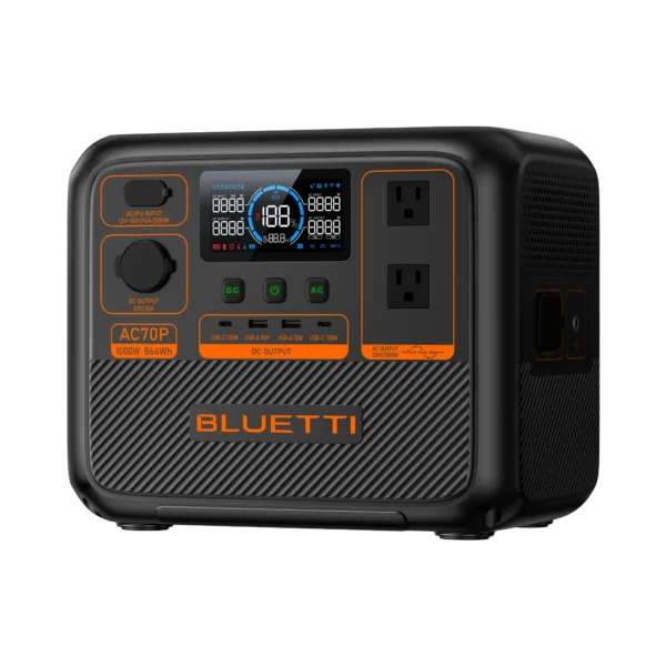 BLUETTI AC70P 1000W portable power station with display and output ports